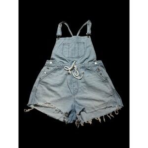 American Eagle Denim Shortalls Light Wash Drawstring Waist Frayed Hem Womens XL